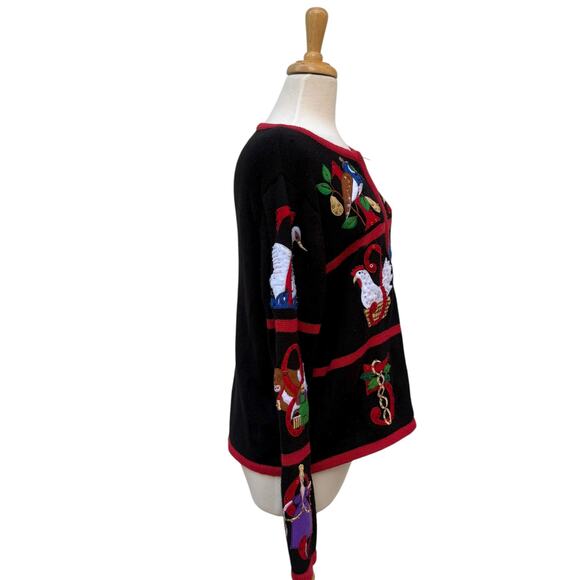 VTG Heirloom Collectables Christmas Sweater PXL Ramie Black Red 12 Days Full Zip - Picture 2 of 11